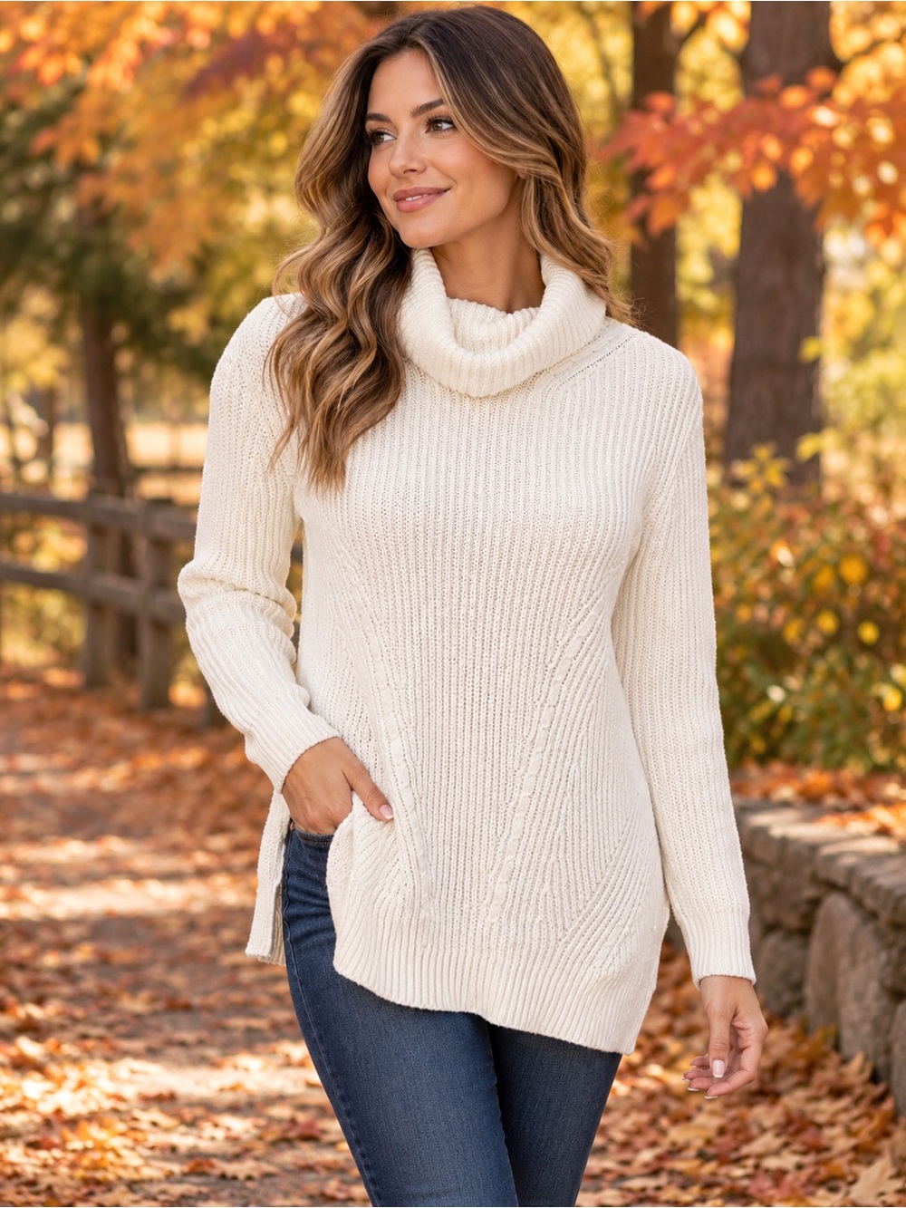 388) Tribal White Cable Knit Cowl Neck Sweater Tunic Cozy Fall